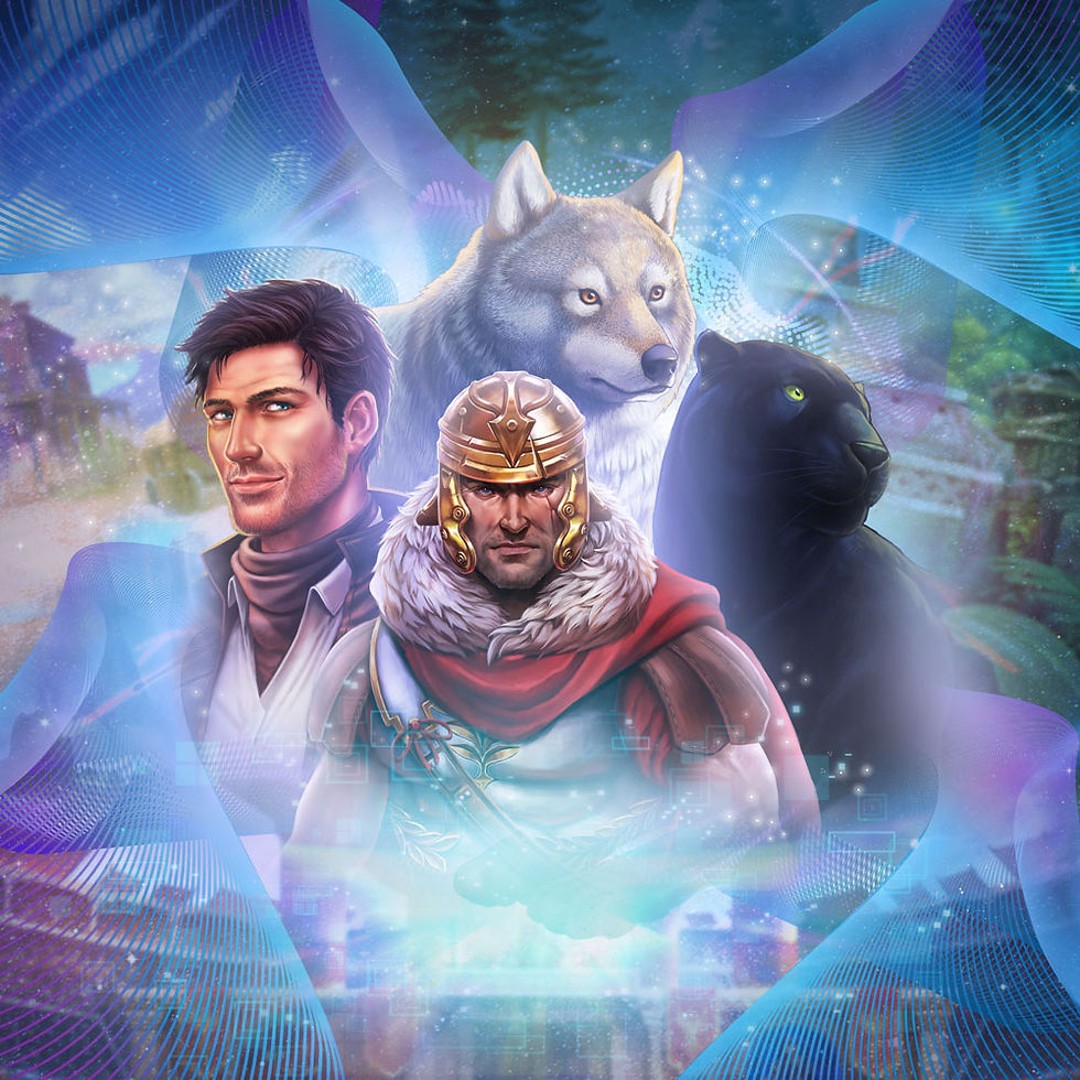 Play'n GO Characters, Man, wolf, cat, and warrior in mystical scene